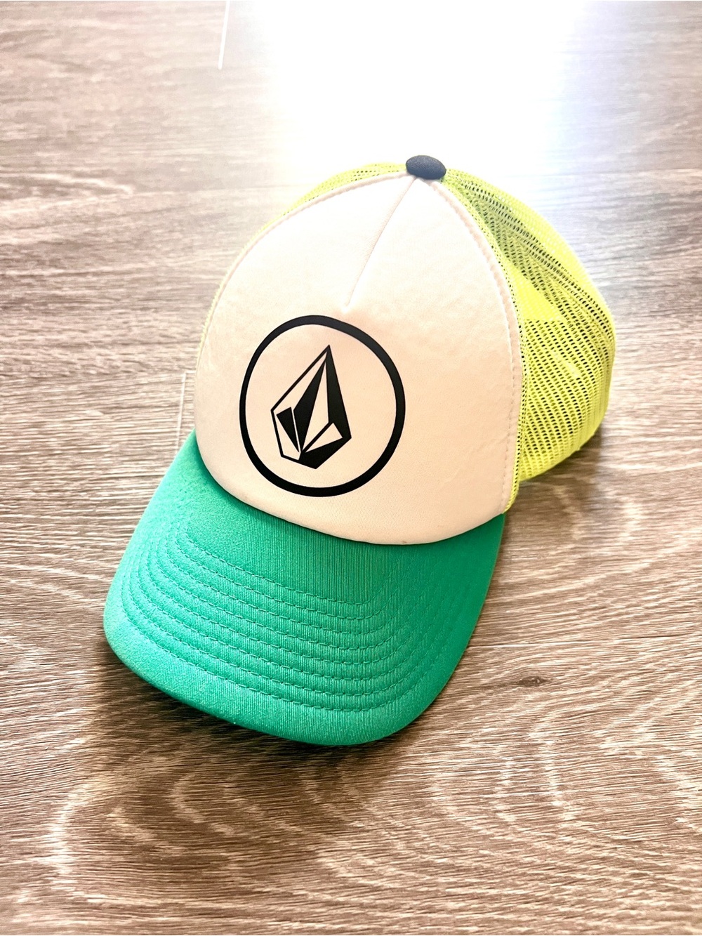Volcom Neon Yellow Mesh Trucker Hat with Teal Green Bill
